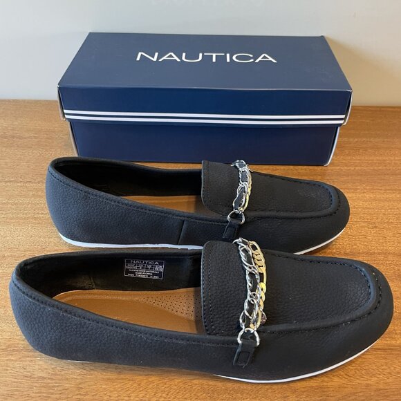 NIB, Nautica Women's size 9 Black Sommerland Casual Slip-on Loafers Chain Detail - Picture 2 of 11